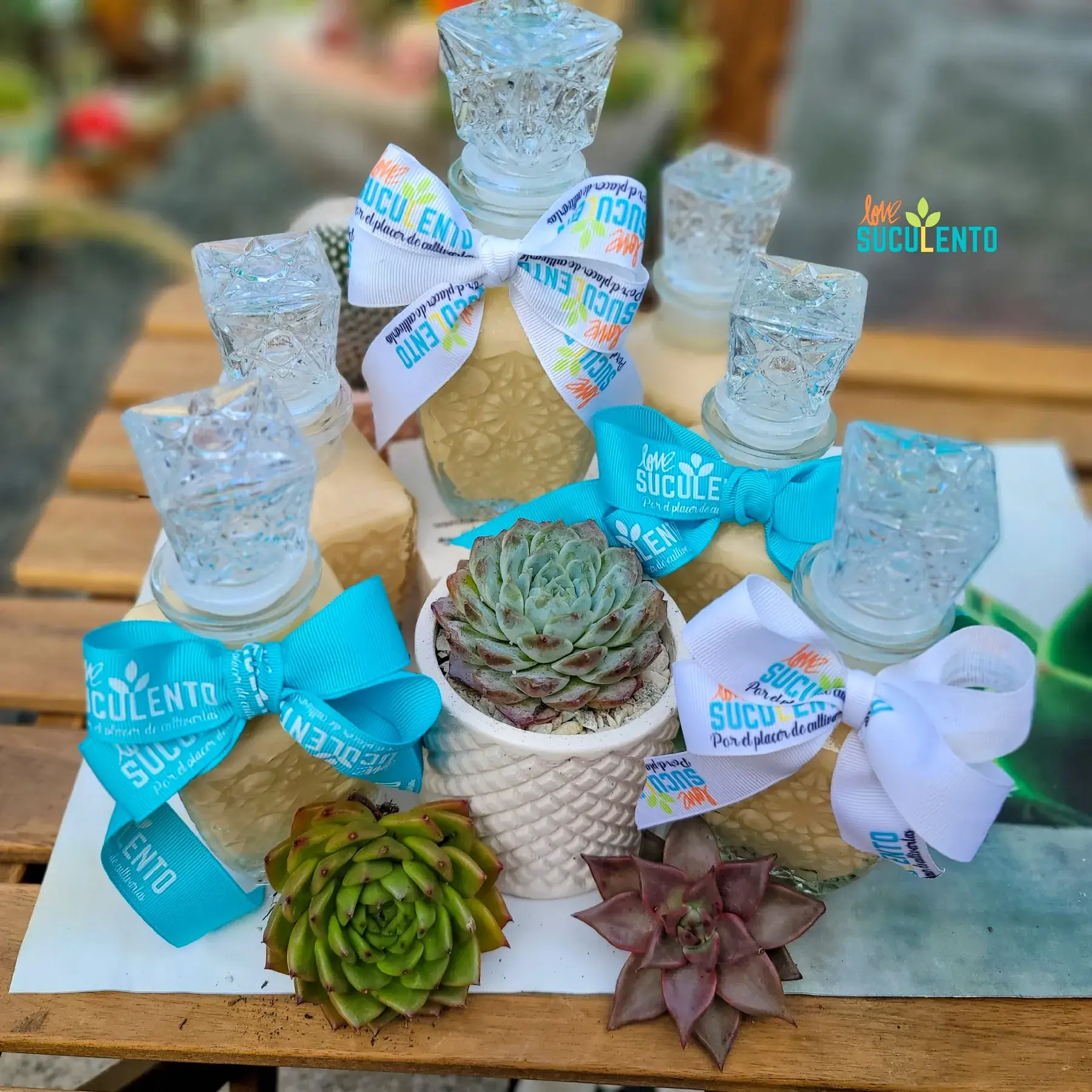 Detalles para eventos con suculentas, vasos de cristal y lazos